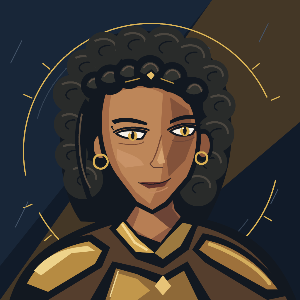 Gold Guardian, a dark-skinned warrior with black curls and gold armor